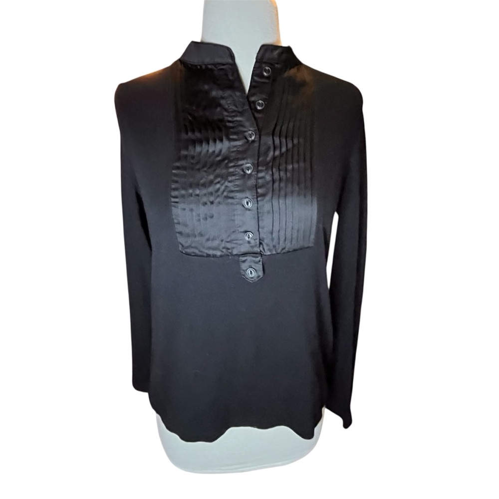 LRL Ralph Lauren Tuxedo Inspired Pleated Bib Long Sleeve Top With Buttons Size M